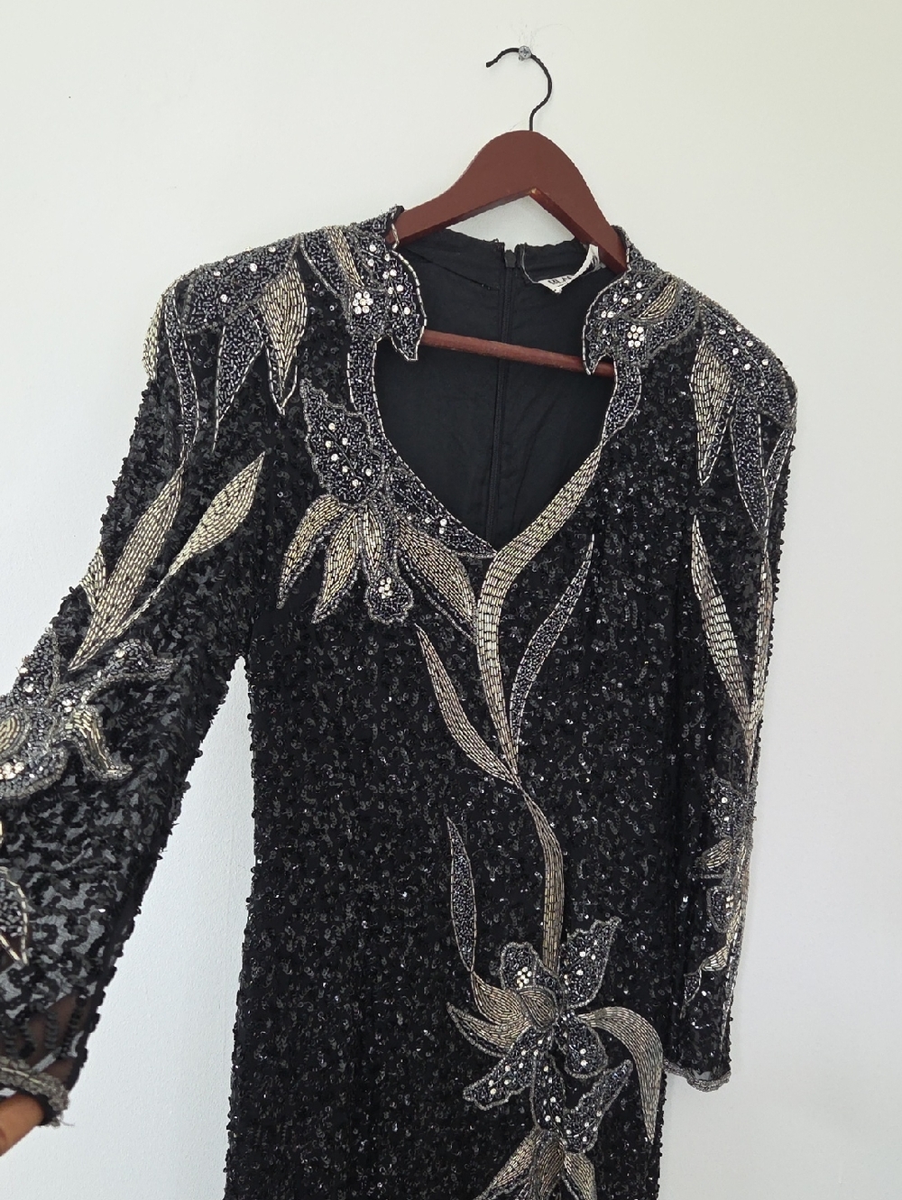 Black Tie Sequin Vintage Evening Dress with Silver Beaded Floral Embroidery